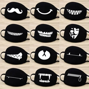 

Washable Cotton Cloth Mouth Mask Universal Fashion Cartoon Mouth Type Printed Breathable Reusable Black Unisex Face Mask