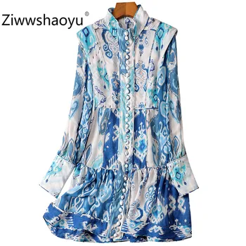 

Ziwwshaoyu Fashion Spring Summer Lantern Sleeve Single-Breasted Blue White Print Ruffles Short Dresses Women's High Quality