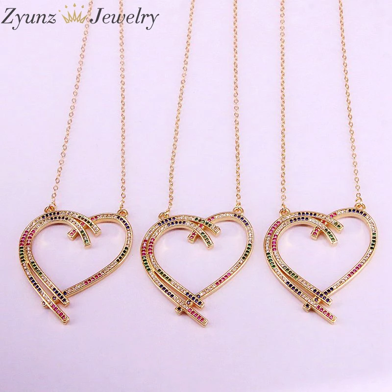 

5PCS, Gold Color Cubic Zirconia Heart Pendant Rainbow Colorful CZ Charm Statement Necklace Micro pave necklace