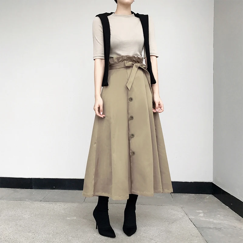 TVVOVVIN Spring Autumn High Quality Solid Patchwork Adjustable Waist Single Breasted Vintage Skirt Women Fashion Tide X802