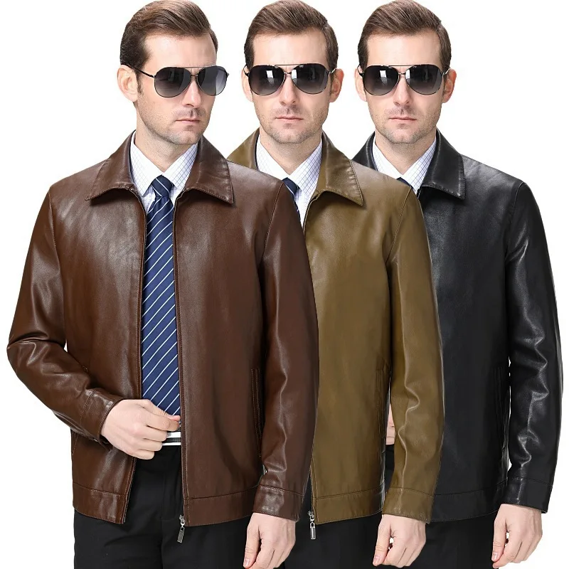 Haining Genuine Leather Clothes Men Fold-down Collar Goat Leather Jacket Coat Middle-aged Thin Type for Spring And Autumn S