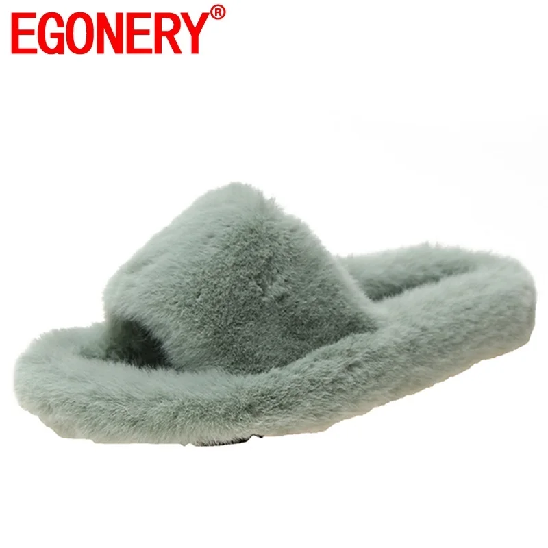 EGONERY/Женская обувь с кроличьим мехом; теплые домашние тапочки; сезон весна-осень; модные туфли без задника; цвет зеленый, бежевый; плюшевые женские туфли на плоской подошве