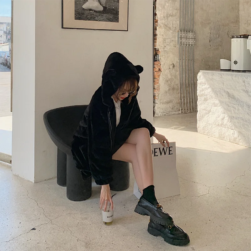 2023 Autumn Winter Casual Women Hooded Waist Drawstring Faux Rabbit Fur Loose Warm Soft Warmh Outerwear Korean Kobieta Kurtka