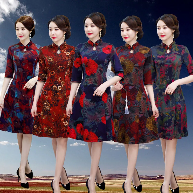 

2019 New Style Autumn Fashion Improved Chinese-style Tilting Catwalks Mom Cheongsam