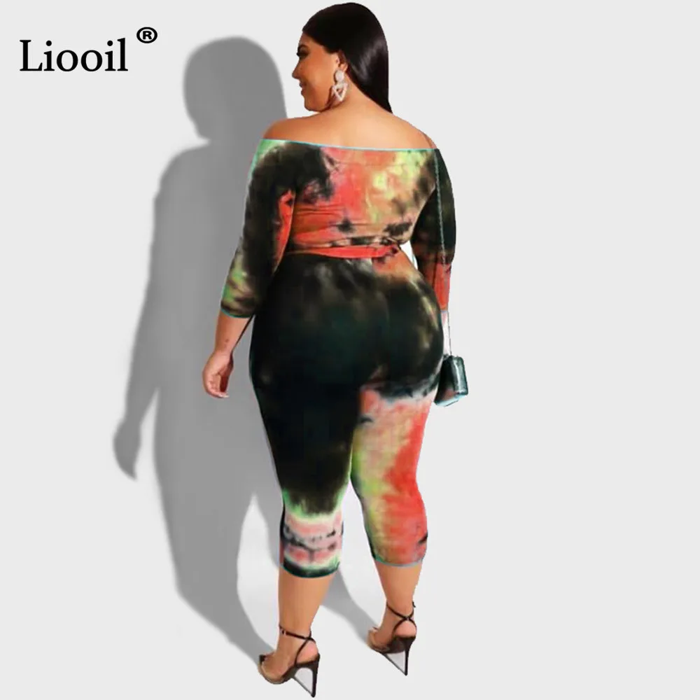 Liooil размера плюс сексуальный комбинезон Tie Dye с длинным рукавом, с открытыми плечами, с поясом, бодикон, вечерние, Клубные комбинезоны, женские комбинезоны