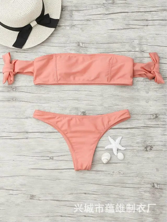 

Yun Male 2017 Bathing Suit Sexy Nude Pink Solid Color Fresh Small Sleeve Cool Split Type Tube Top Bikini