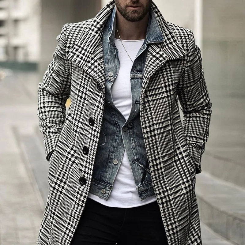 Korean Mens Wool Coat Winter Jacket Men Overcoat Warm Clothes Wool Outwear Long Black White Plaid Blends Male Coat Plus Size 3XL