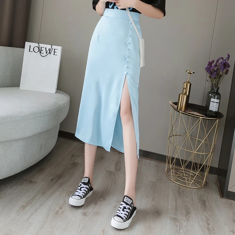 

Casual Skirts Women Silk Skirt Women Elegant Women Satin Long Skirts Office Lady High Waist Lace Bodycon Skirt Faldas Mujer Moda