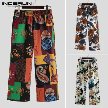 

INCERUN Men Harem Pants Ethnic Style Printed Casual Joggers Loose Streetwear Vintage Pantalon Elastic Waist Cotton Trousers Men