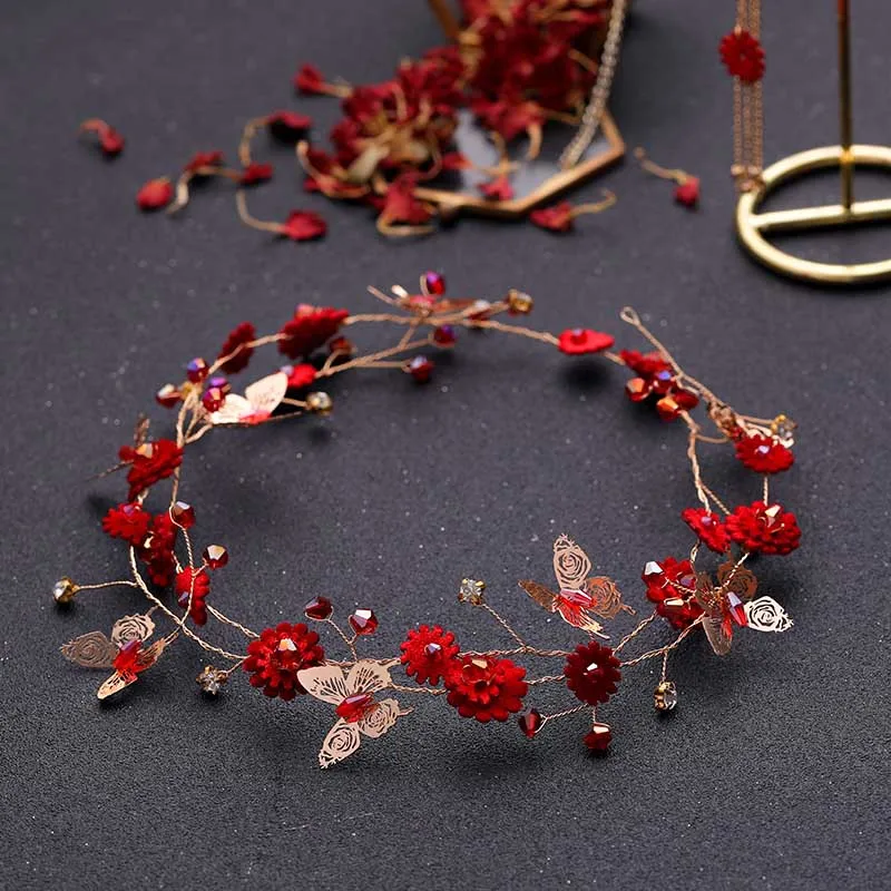 FORSEVEN Red Flowers Handmade Headband Hairpins Clip Earring Jewelry Set Bridal Wedding Hair Accessories Dubai Jewelry Set