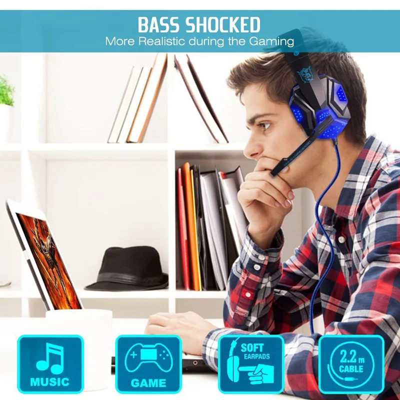 FOOVDO Gaming Headset Weave Cable Earphone Wired Gamer Headphone Stereo Sound Headsets with Mic LED Light for Computer PC Gamer