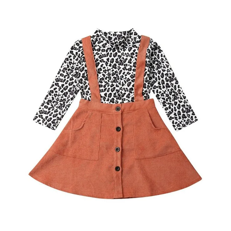 2020 Baby Spring Autumn Clothing Kid Girl Clothes Long Sleeve Leopard Top T-shirt Overall Strap Dress Outfit Set 1-5T |