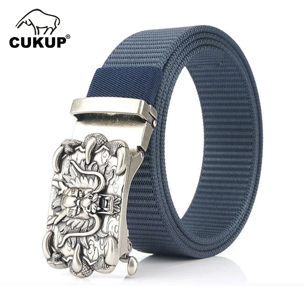 

CUKUP Men's Unique Design Dragon Head Buckle Metal Belts Good Quality Nylon Belts for Men 3.5cm Width Jeans Accessories CBCK170