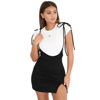 

Black Women Dress With Shoulder Straps Package Hip Under Split Slim Suspender Summer-dresses High Waist Mini School Dresses