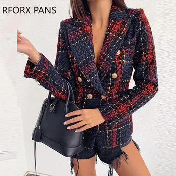 

Notched Collar Double-breasted Plaid Blazer