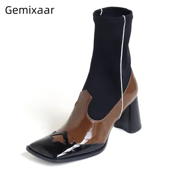 

Chic Patchwork Shoes Women Square Toe Square High Heel Party Botines Slim Mid Calf Boots 2020 New Coming Ankle Boots Women Mujer