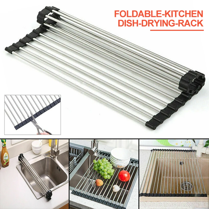 1pc Kitchen Drying Rack Kitchen Dish Drying Rack Over Sink Roll up Dry Drainers Stainless Steel Foldable|Racks & Holders| - AliExpress