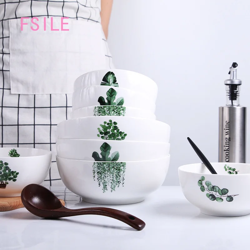 

Simple ceramic bowl creative green plant instant noodle bowl home salad bowl soup bowl tableware ceramic bowl plate dish set