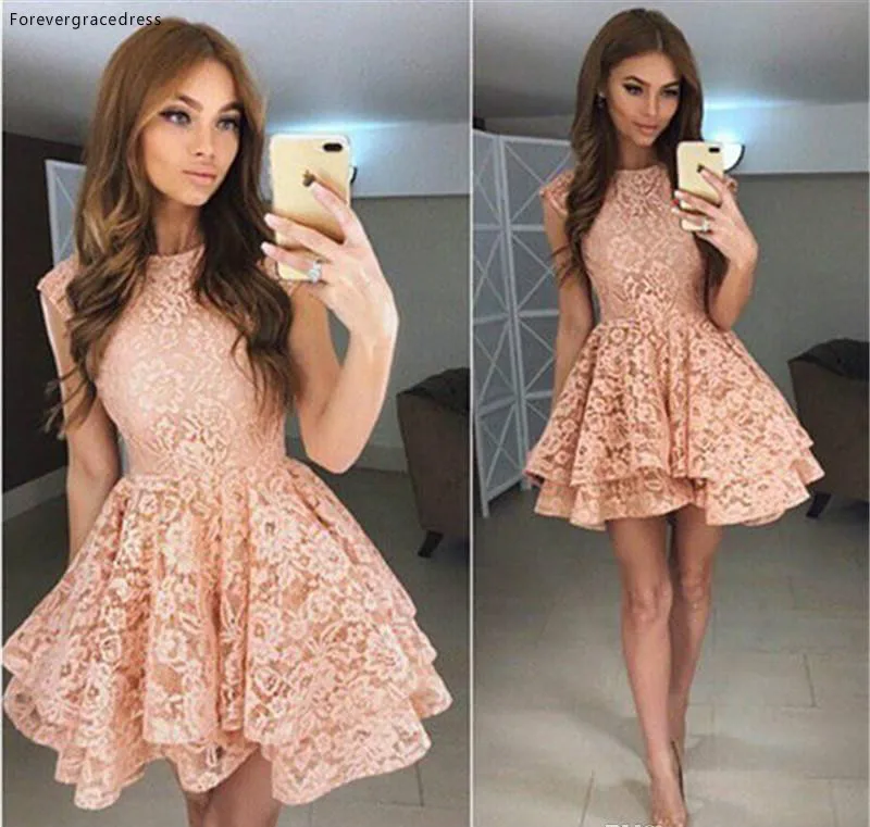 Chic Layered Lace Pink Homecoming Dresses 2018 Modern Sleeveless Jewel Neck A Line Mini Cocktail Gowns Short Party Wears Dress  108 (2)