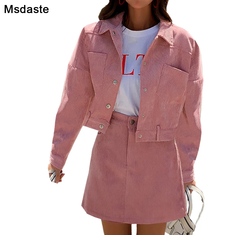 

2 Pieces Women Outfits Set: Jacket Coat+mini Skirt 2019 Autumn Pink Solid Suits Set Costumes Casual Two Piece Woman Skirt Set