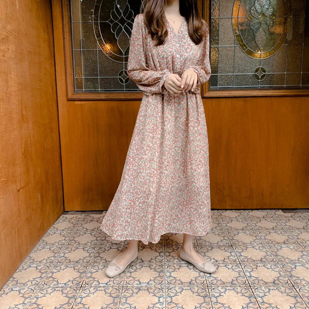 

S XL New New Spring Dress Girls Boho Chiffon Female Vintage Dress Purple Print Long Sleeve Women Dresses Robe Vestido