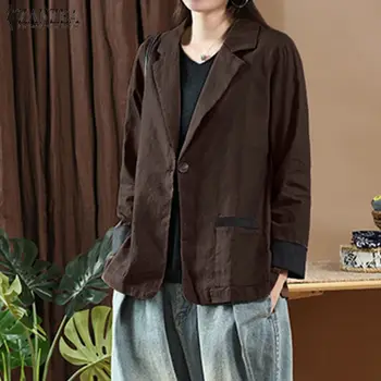 

Women's Solid Jackets ZANZEA Elegant Turn-Down Collar Coats Single Button Outwears Female Long Sleeve Cardigan Shirt Plus Size