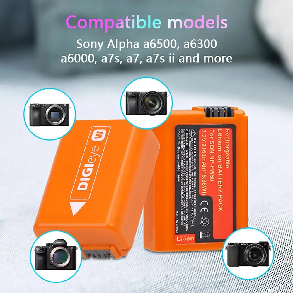 Camera Battery 2160mAh NP-FW50 NPFW50 Li-ion Battery for Sony ZV-E10 A7 A7R A7RII A7II A7SII A7S a6300 a6400 a6500 RX10 Series&LED Dual Charger