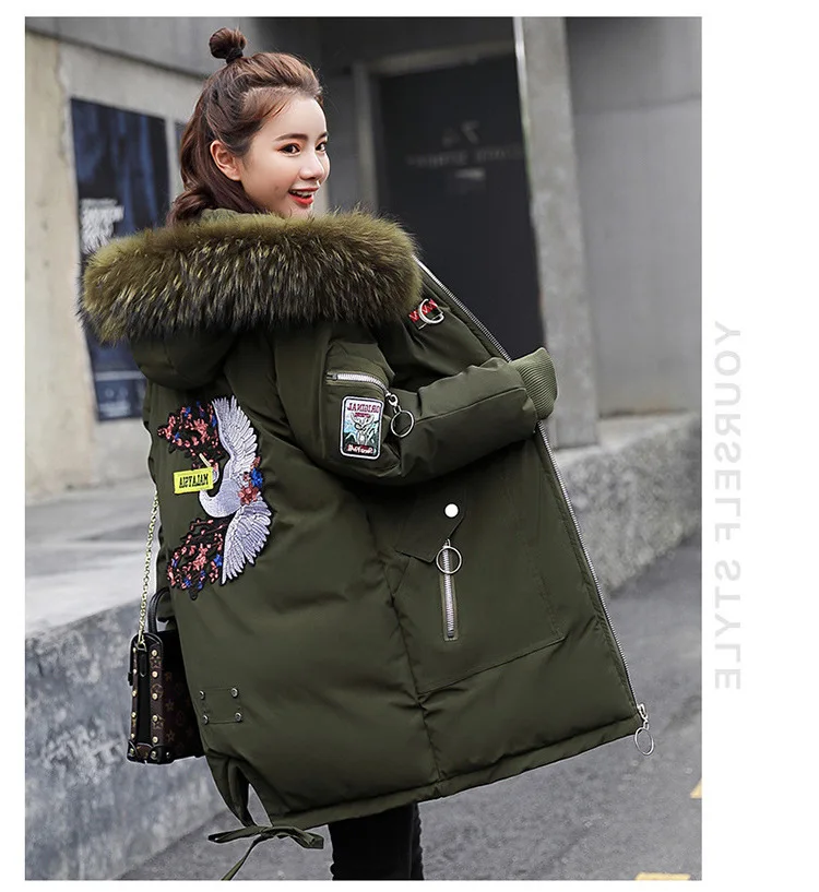 

2019 Winter New Style Extra-large Loose-Fit Large Fur Collar Hooded Embroidered Thick Mid-length down Jacket Cotton-padded Cloth