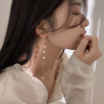 

LISM 925 Sterling Silver White Baroque Pearl bohemian Earrings Long Tassels Dangle Earrings For Women Young Girl
