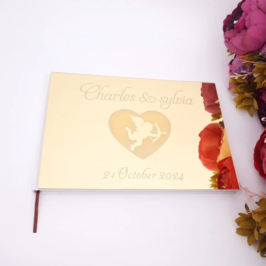 25*18cm Romantic Cupid Heart Style Wedding Signature Guest Book Acrylic Mirror Cover Personalized Blank Pages Party Gift