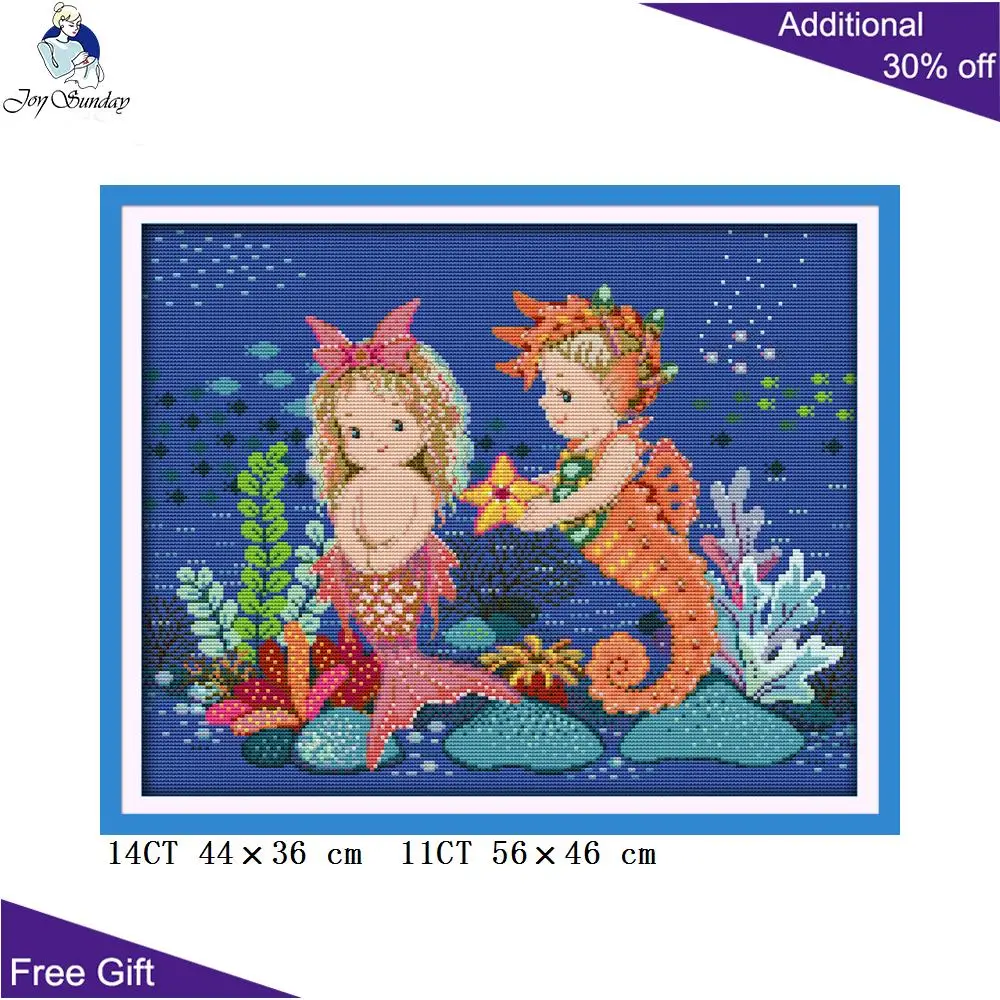 Joy Sunday маленькая Русалочка и морская лошадь вышивка крестиком R639 14CT 11CT Счетный