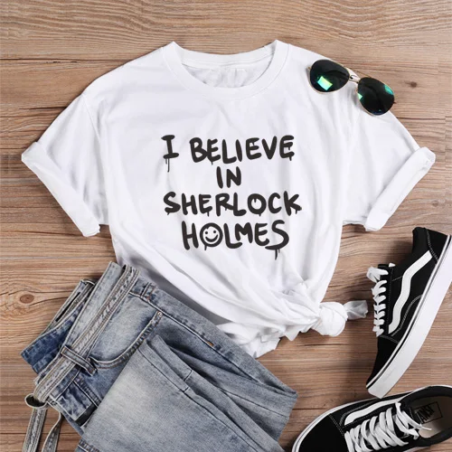 Футболки в стиле панк с буквенным принтом, футболка с надписью «I Believe In Sherlock Holmes», женские футболки в стиле Харадзюку, топы на Хэллоуин