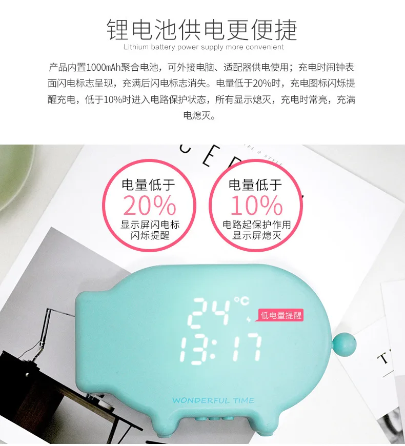 Pig Time Alarm Clock Led Bring Temperature Noctilucent Clocks Function Usb Charge Acousto-optic Control Small Night-light