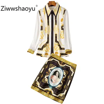 

Ziwwshaoyu Women's Spring Summer Vintage Character Golden Print Skirt Suit Long Sleeve Blouse + Mini Skirt Fashion Suits