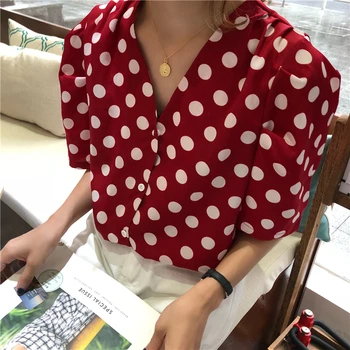 

COIGARSAM Polka Dot Shirt Womens tops V-Neck Women shirts Red 8615A