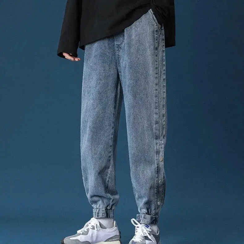 

Mens Jeans Cotton Waist Drawstring Button Cropped Trousers Loose Versatile Casual Denim Straight Harem Pants