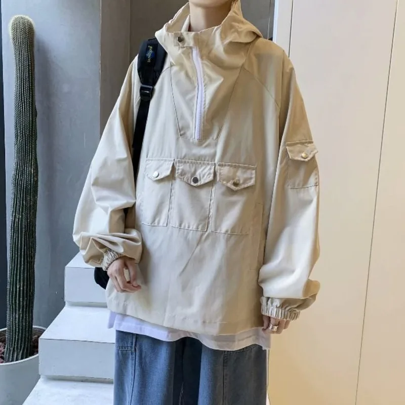 

Autumn Pullover Jacket Men's Fashion Solid Color Multi-pocket Hooded Jackets Mens Streetwear Loose Hip-hop Bomber Jacket Men