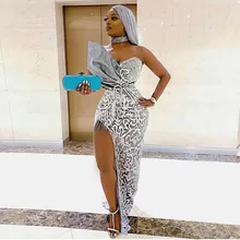 Сексуальные африканские кружевные платья для выпускного вечера с высоким разрезом, блестящие прозрачные длинные платья для выпускного вечера с открытыми плечами Abendkleider