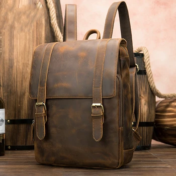 

Macbook Laptop Backpack Leather For Men Male Soft Cow Skin Leather Backpacks Travel Crazy Horse Fashionable Popular Desig