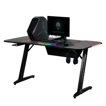 

Home Office Gaming Desk Pro- Z Shaped PC Computer Table Workstation with LED Lights Headphone Hook and adjustable Pads