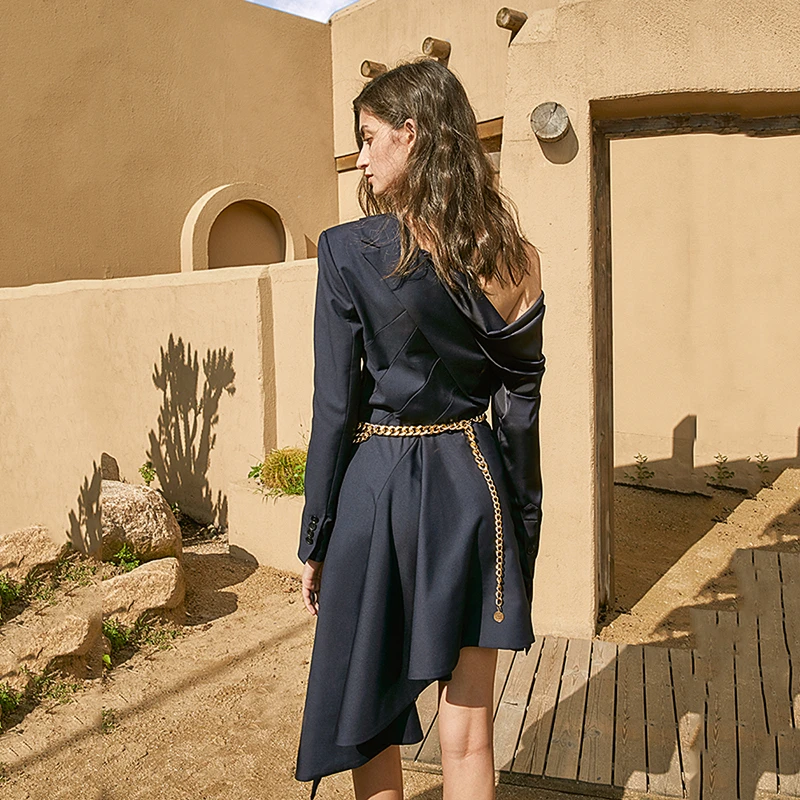 [EAM] Women Dark Blue Irregular Temperament Dress