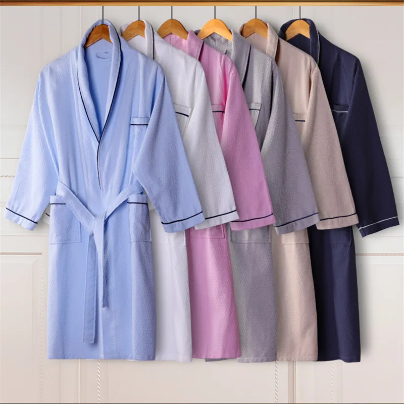 

Spring 100% Cotton Waffle Bathrobe Men Women Nightgown Hotel Robe Sleepwear Nightwear