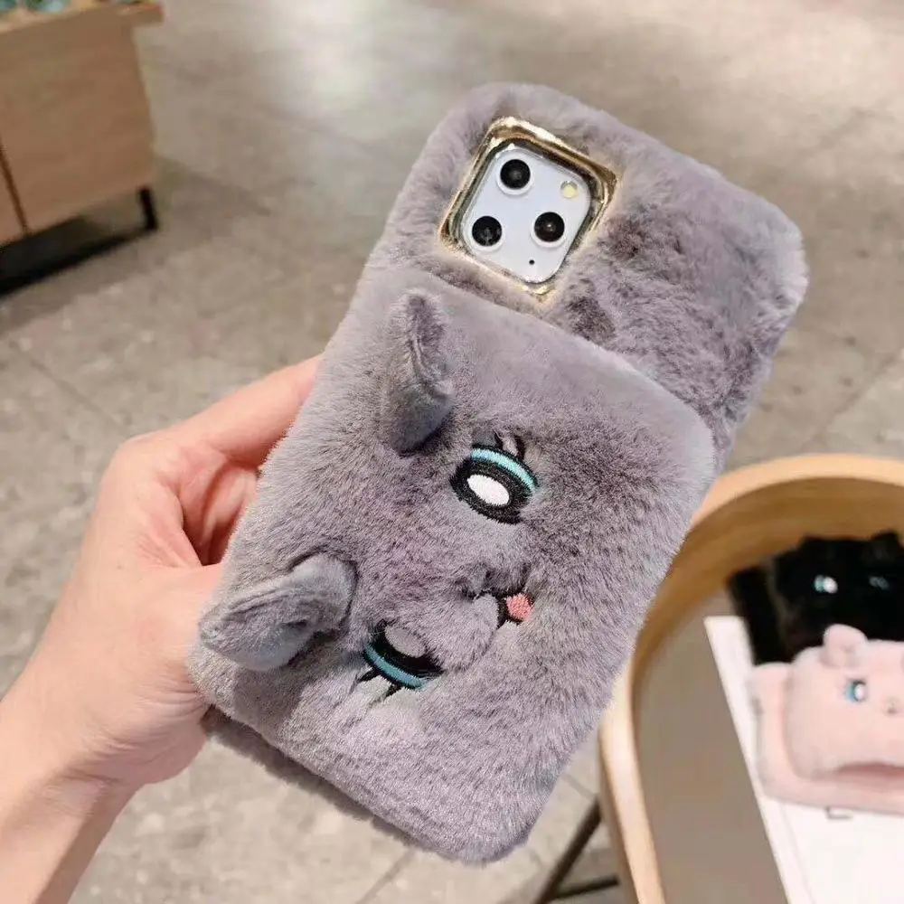 Модный милый 3D наручный плюшевый чехол для телефона с кошкой для iphone 11 PRO MAX, мягкий теплый чехол для iphone X, XR, XS, MAX, 6, 7, 8 plus - Цвет: Серый