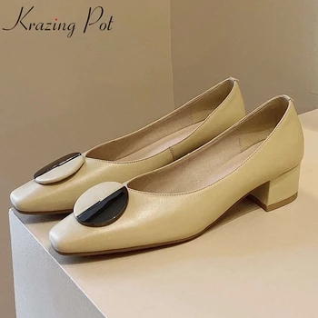 

Krazing pot natural leather square toe med heel metal decorations office lady streetwear fashion shallow slip on pumps women L25