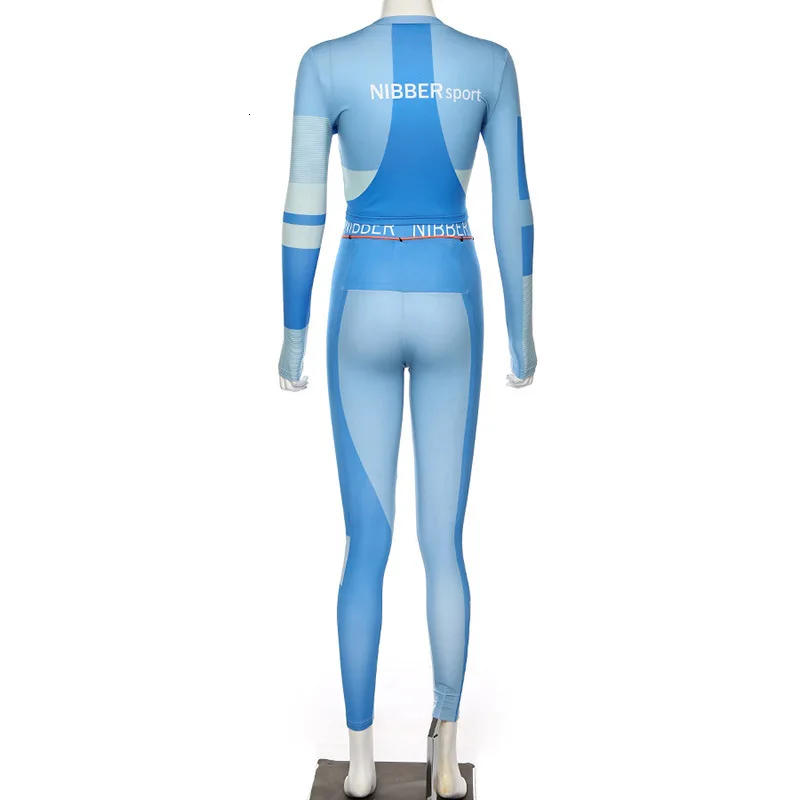 AIUJXK Женский комплект из двух предметов для фитнеса, спортивный костюм с длинным рукавом, укороченный топ и штаны с буквенным принтом, обтягивающие леггинсы, спортивная одежда