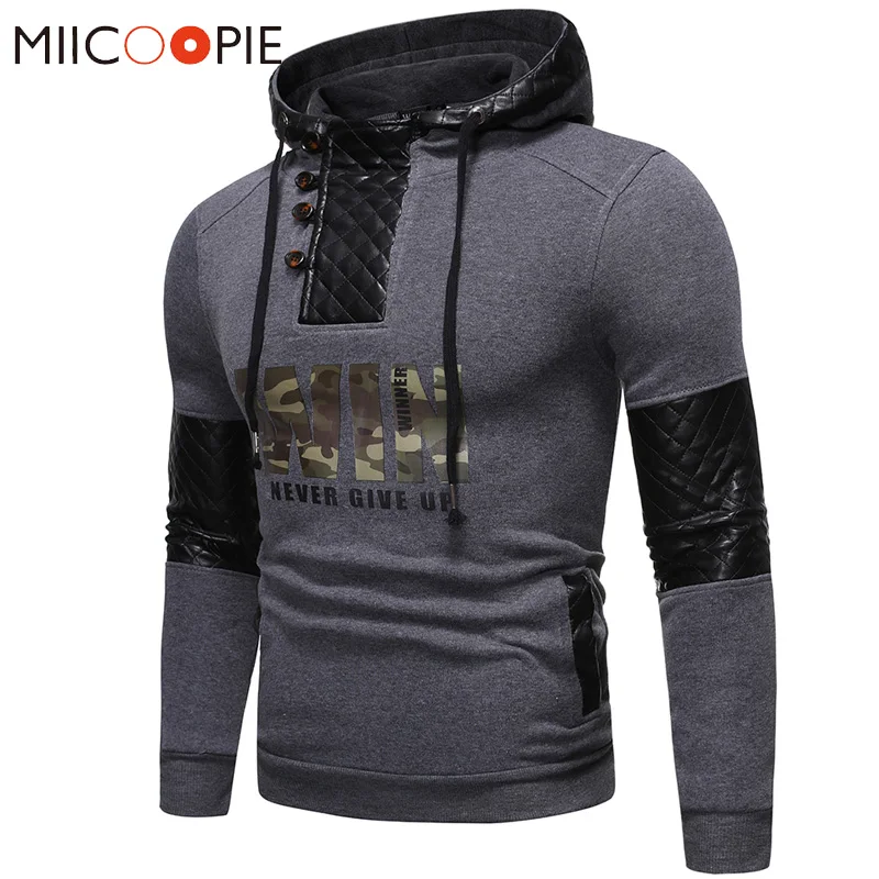 

Patchwork Leather Hoodie Men 2019 Autumn Winter Camouflage Letter Print Hooded Hip Hop Streetwear Male Sweatshirt Purpose Tour