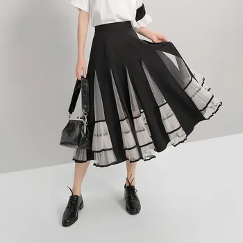 

Autumn Winter Skirt Women High Waist Mesh Ruffles Vintage Splice Draped Skirts Ladies Chic Simple A-line Skirts Muslim Clothing