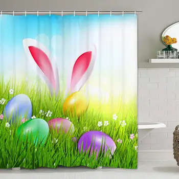 

Happy Easter Day Spring Grassland Rabbit and Easter Eggs Bathroom Decor Shower Curtain Sets with Hooks Polyester Fabric Great