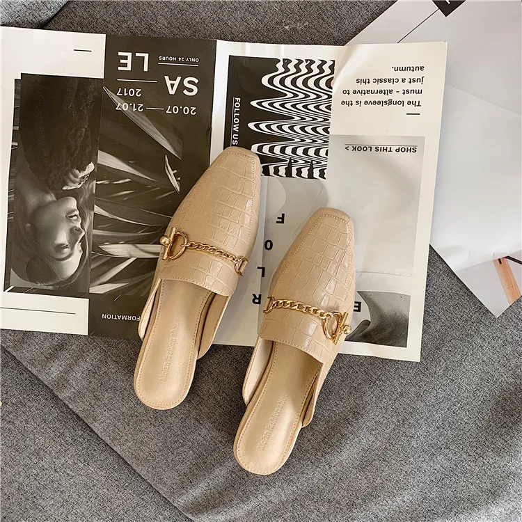Бренд molan Designers; коллекция года; сезон весна; Новинка; модная Роскошная золотая металлическая цепь; кожаные тапочки на плоской подошве; слипоны; лоферы; шлёпанцы; вьетнамки