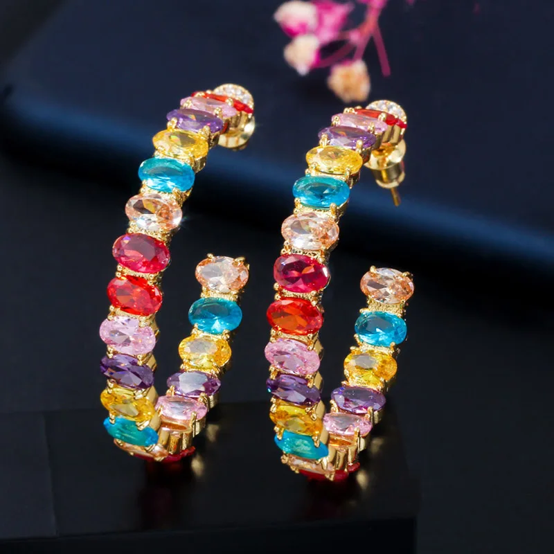 Multicolor Pera, многоцветные, овальной огранки, кубический цирконий, желтое золото, большие круглые серьги-кольца для девушек, для рождественской вечеринки, ювелирные изделия для ушей E476 - Окраска металла: Multicolor